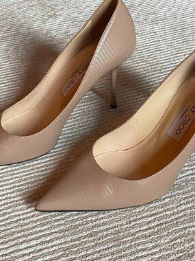 Jimmy Choo Love 85 Textured Leather Nude Tan Pumps Closed Toe Heels
